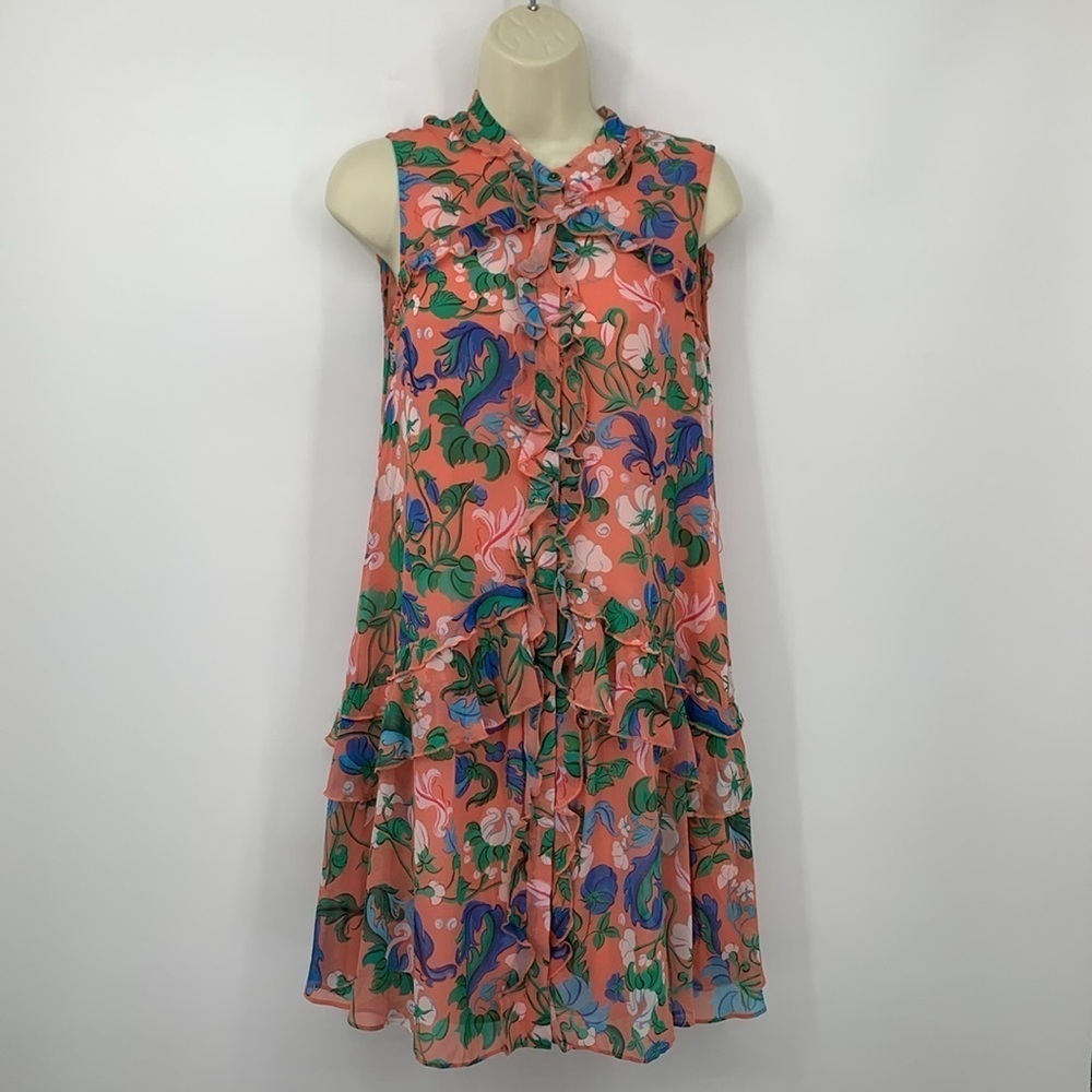 Saloni Tilly ruffle a-line silk chiffon floral shift dress coral sleeveless 2